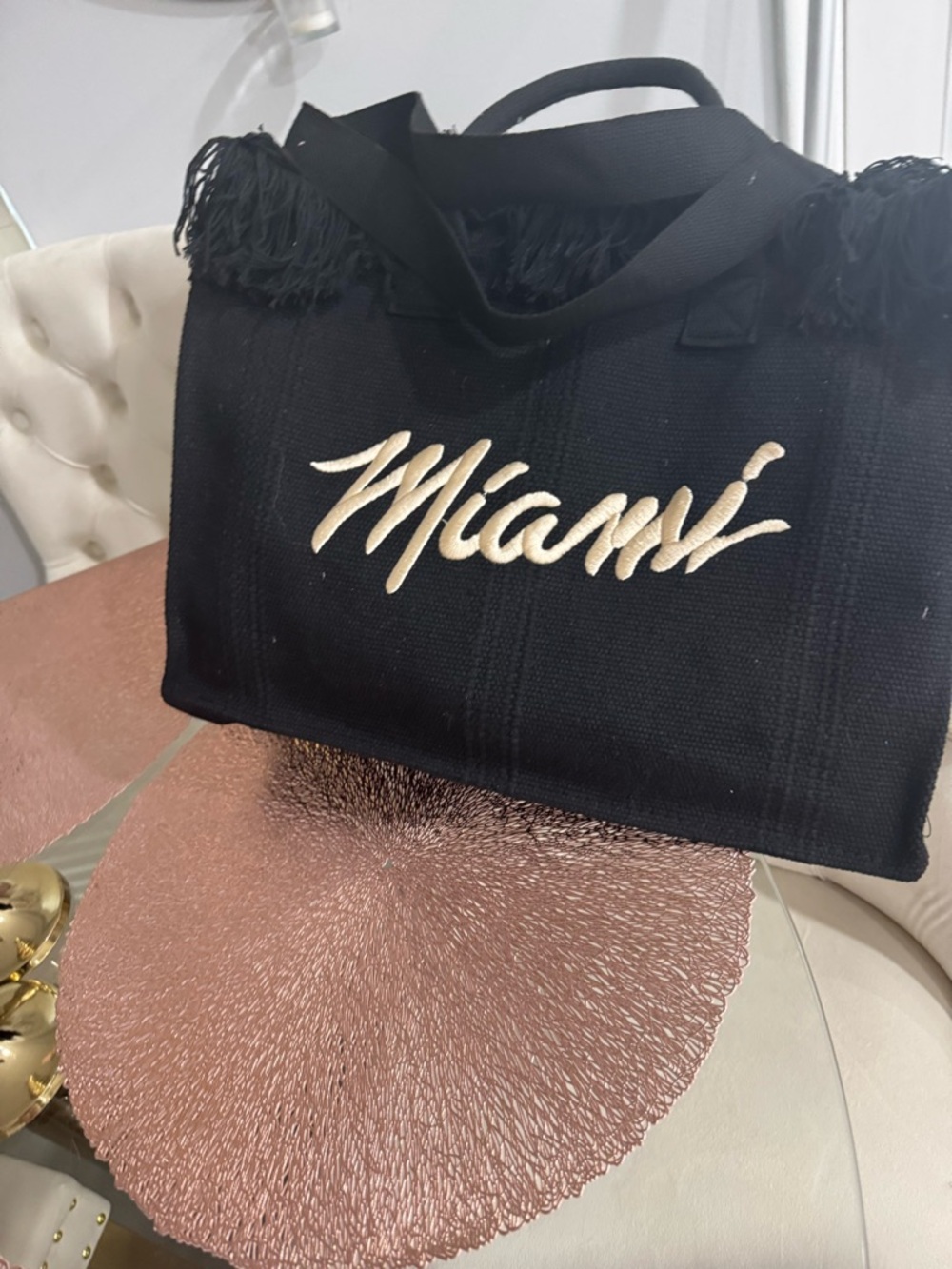 Black Miami Script Fringe Tote Bag
